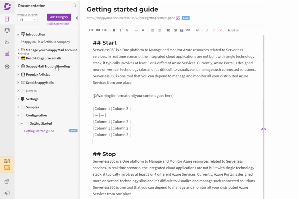 document360 knowledge base software interface