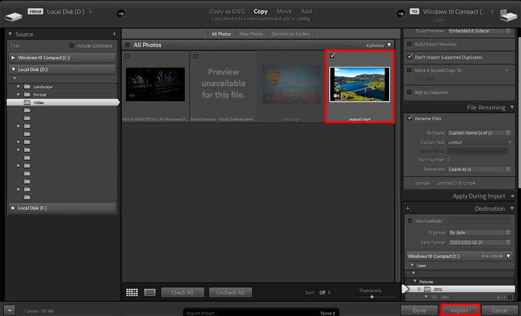 importing videos in adobe lightroom