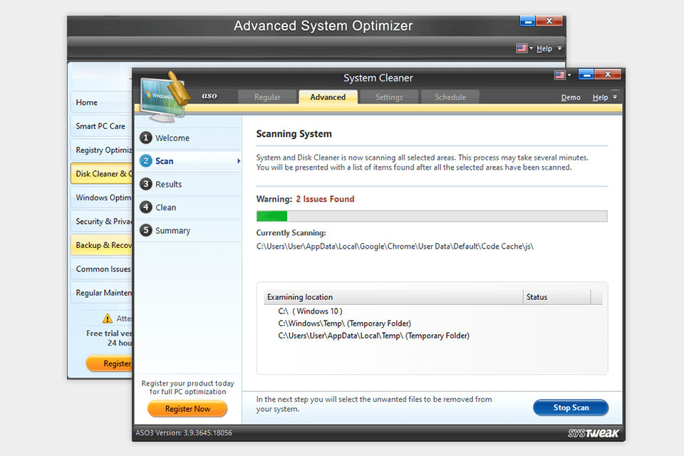 advanced system optimizer free cleaner for windows 10 interface