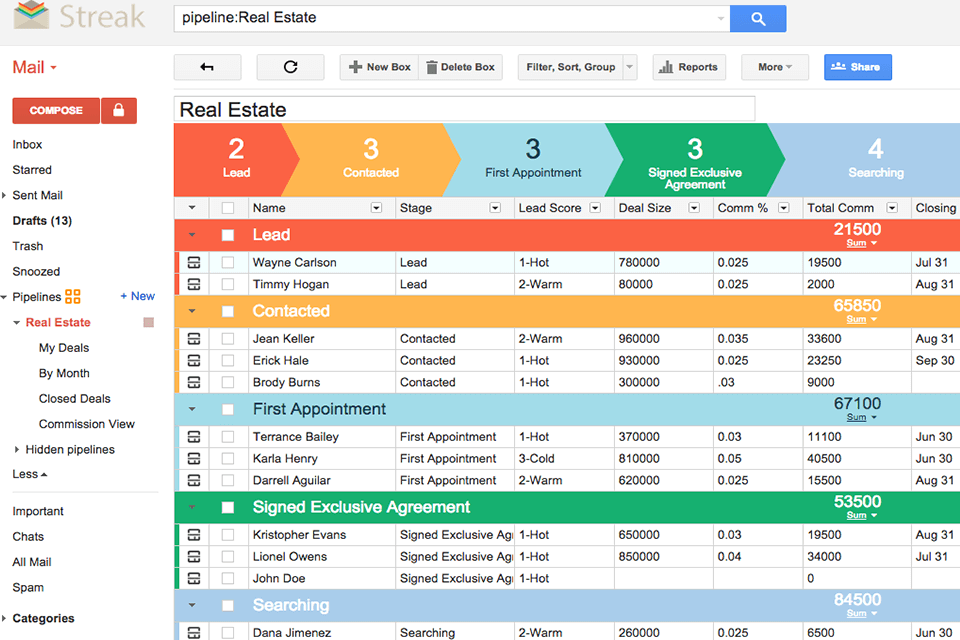 streak real estate crm software interface