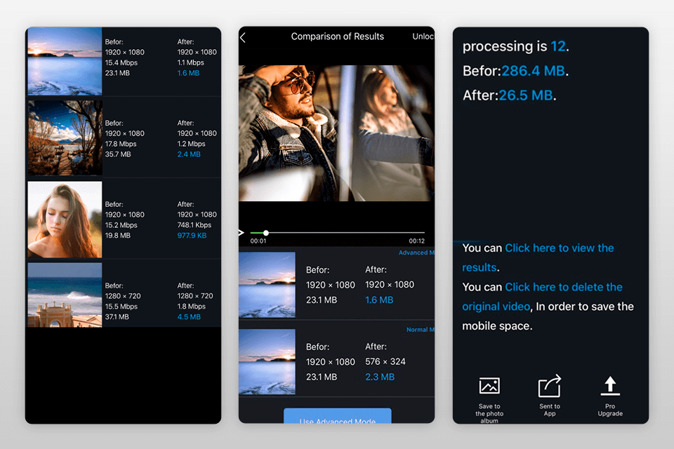  A screenshot of a video compressor app that reduces the size of videos without losing quality.