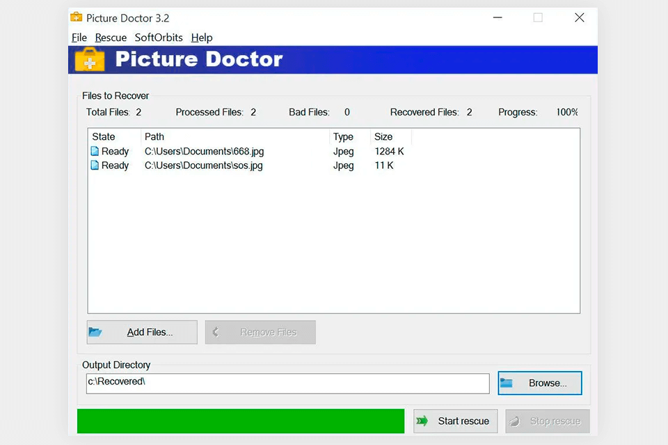 pic doctor software to repair corrupted jpg interface