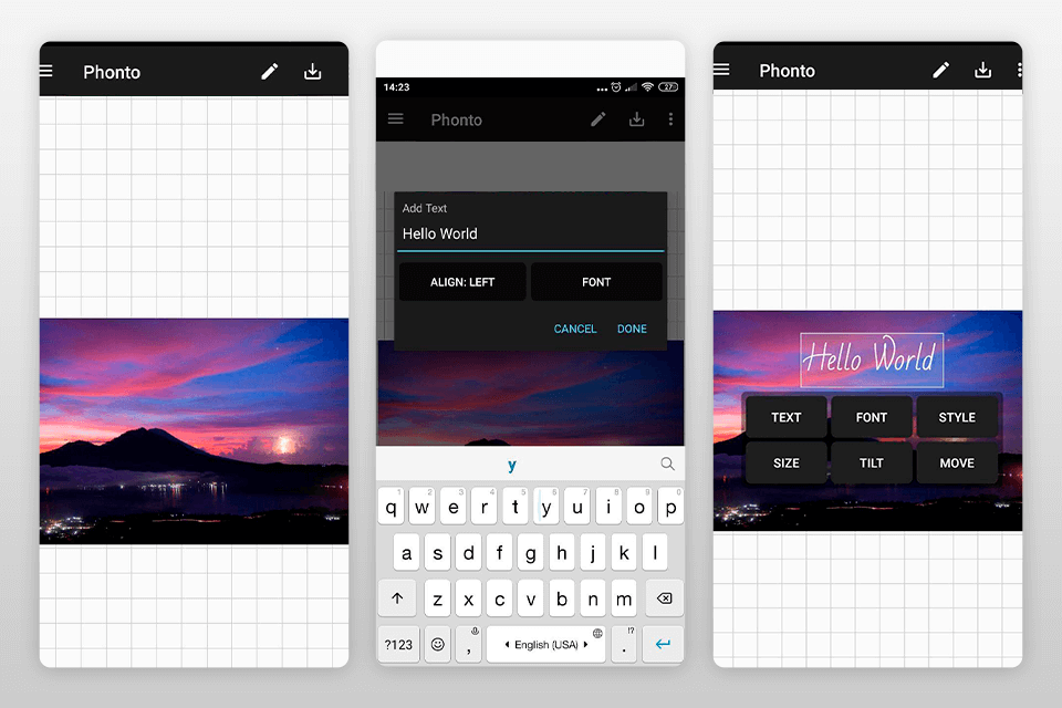 phonto texts on pictures app interface