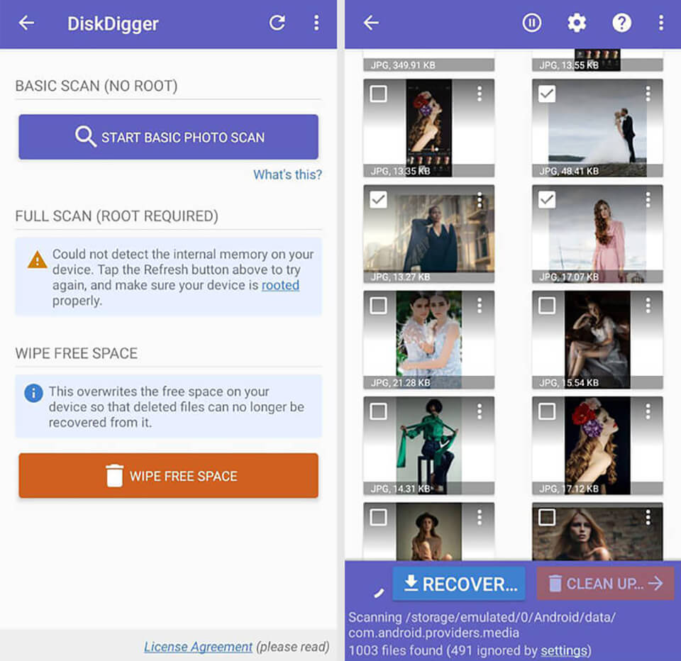واجهة تطبيق Diskdigger لاستعادة الصور