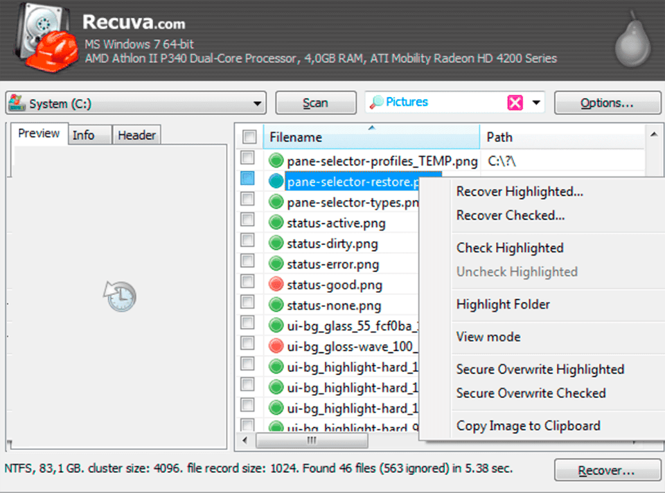 recuva android data recovery software interface