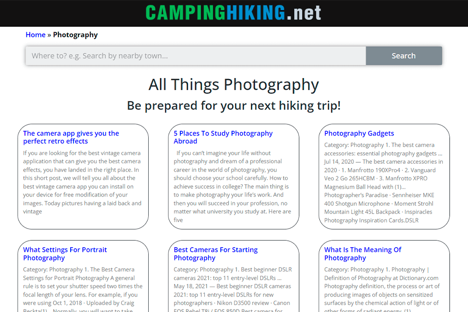 campinghiking travel photography blog interface