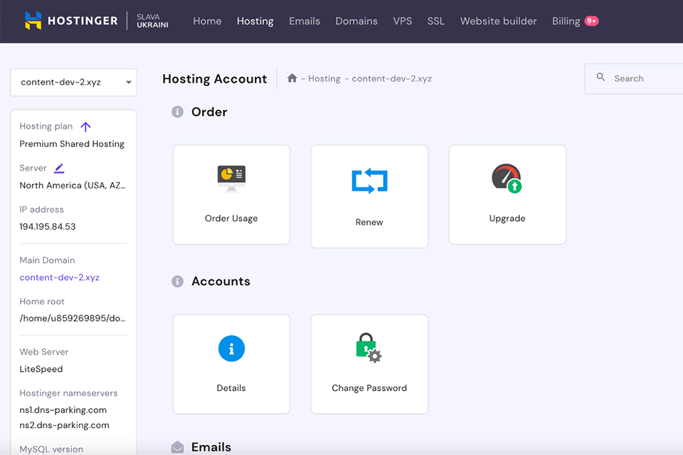 hostinger website hosting for photographers interface