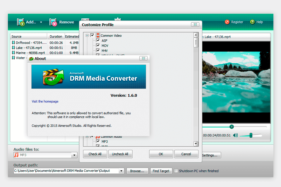 aimersoft drm media converter drm removal software interface