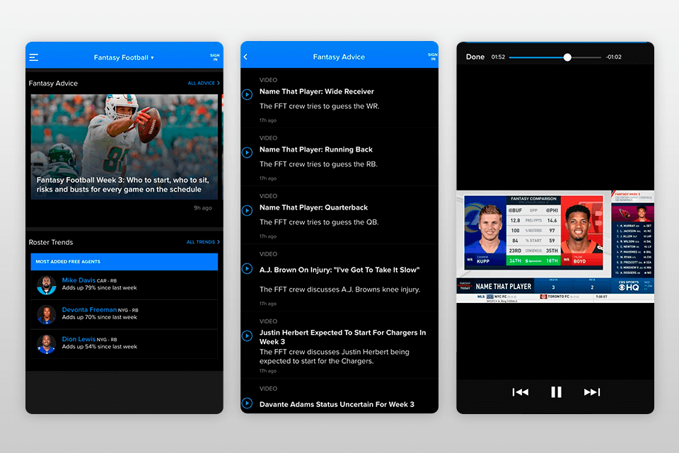 cbs sports app to watch live sports interface