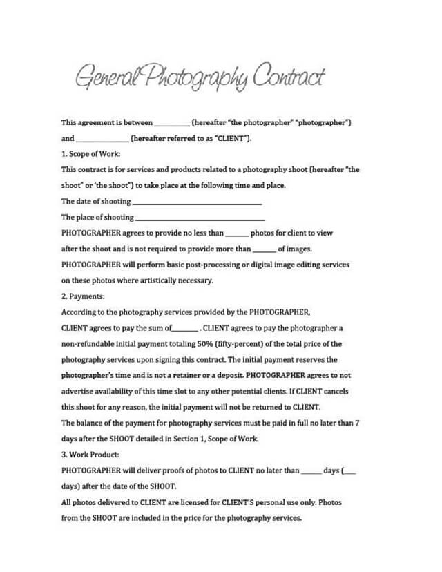 general wedding photography contract 