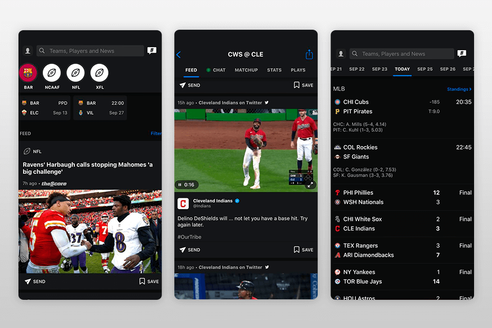 thescore app om live sport te kijken interface