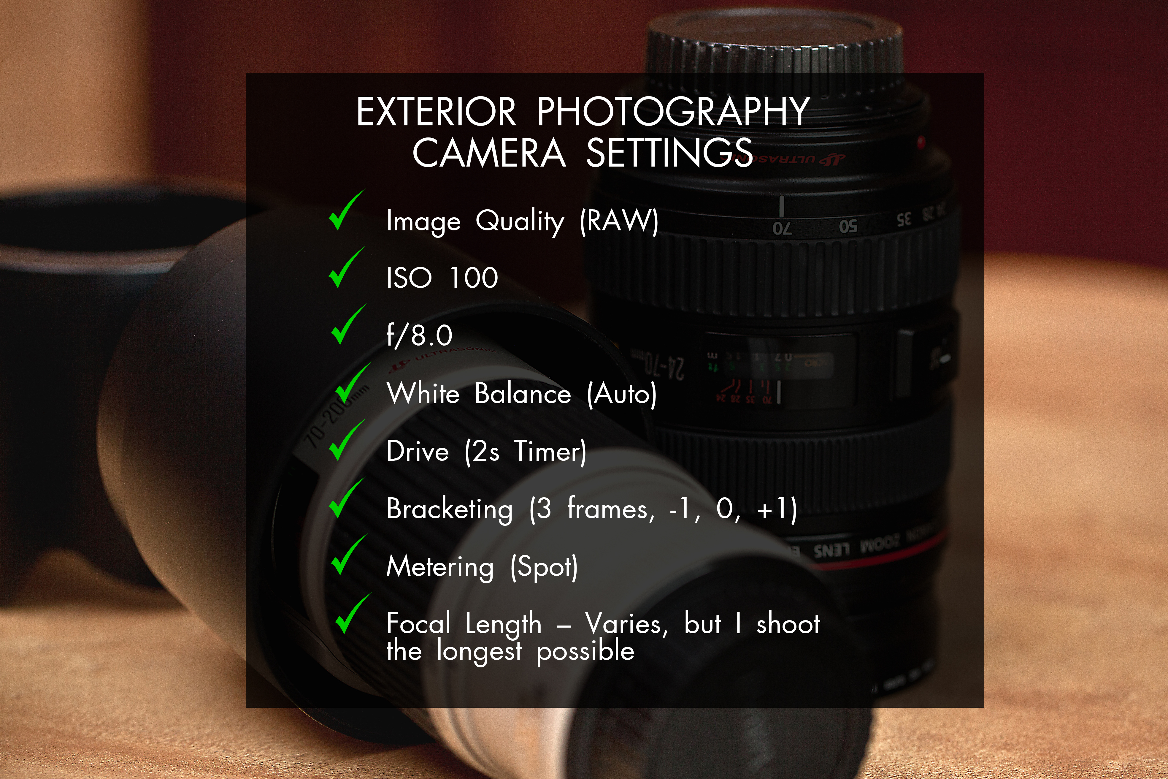 configurações da câmera para os imóveis de fotografia de exterior