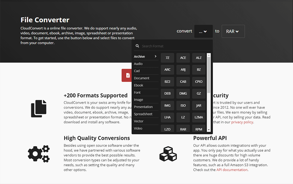 cloudconvert interface