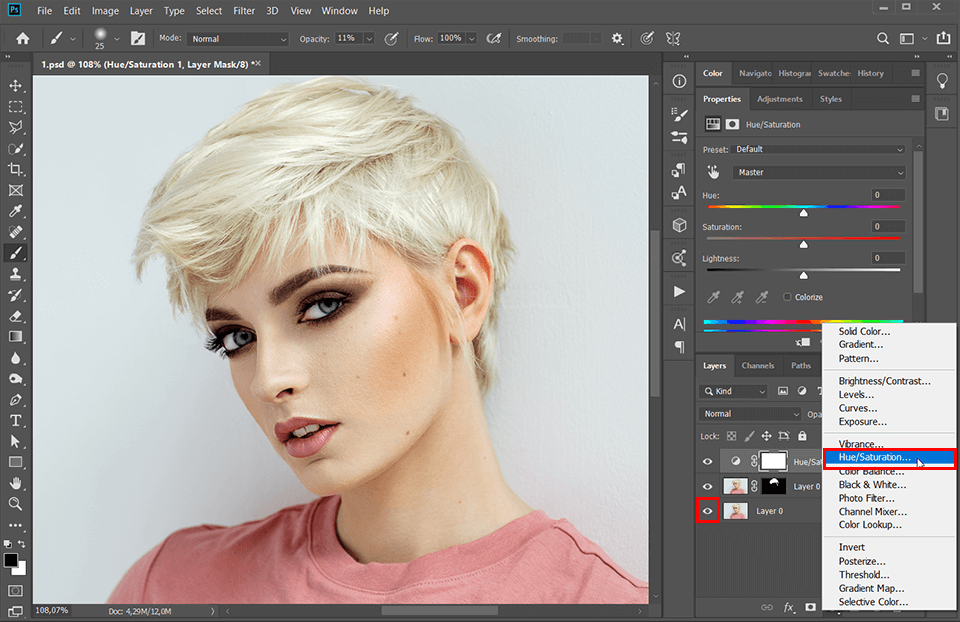 how to change hair color in photoshop hue saturation
