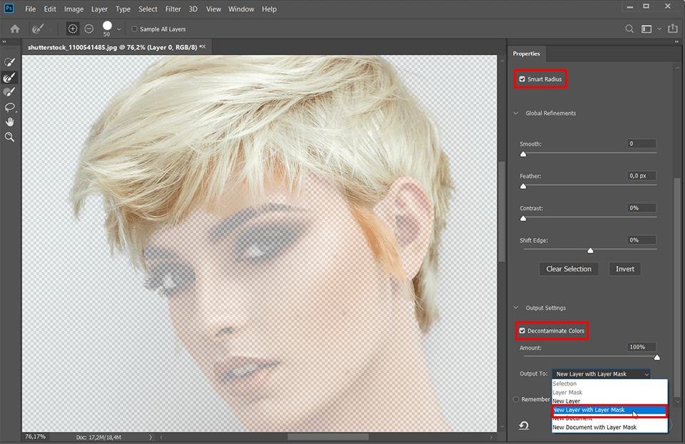 how to change hair color in photoshop smart radius decontaminate colors