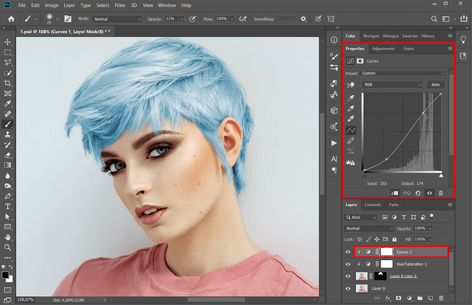 how to change hair color in photoshop curves adjustment layer