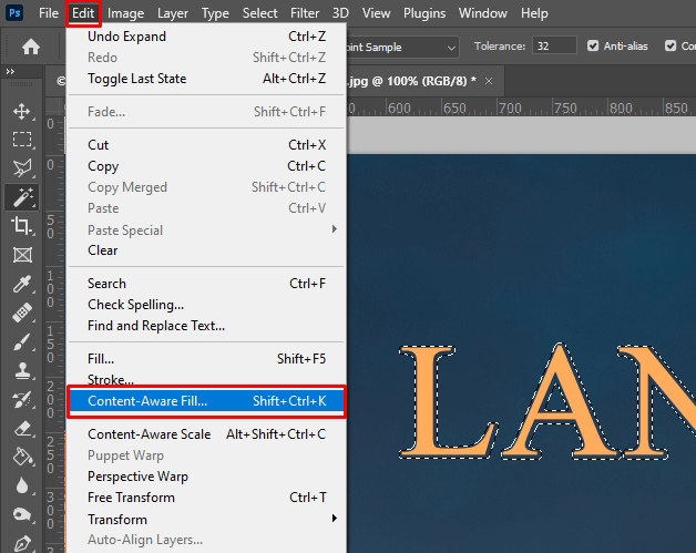 how to remove text in photoshop content-aware fill