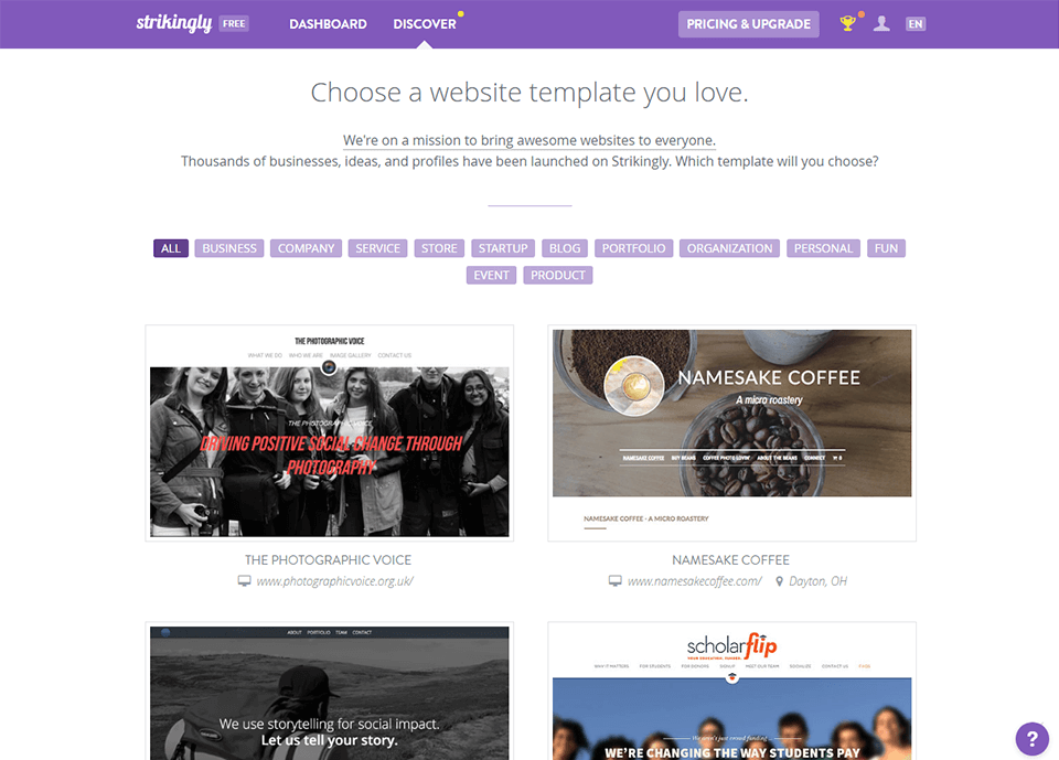 strikingly smart website hosting for photographers interface
