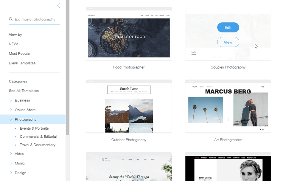 wix website hosting for photographers interface