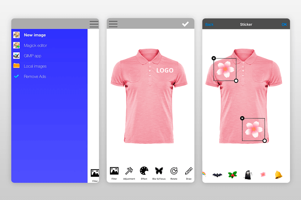 xgimp t-shirt design app interface