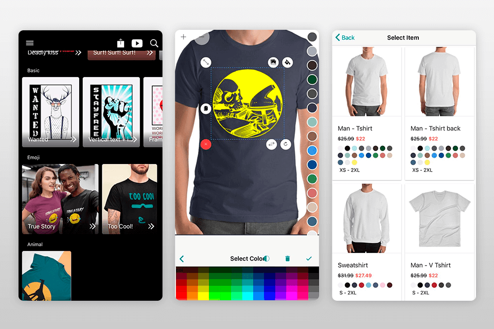 yayprint t-shirt design app interface