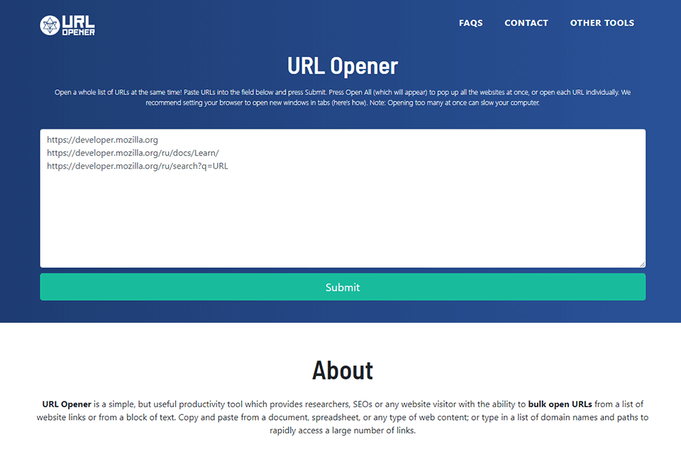 10bestseo research tool for bulk url analysis interface
