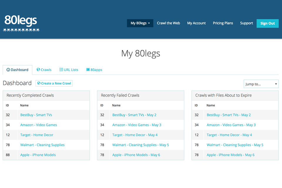 80legs web crawler tool interface
