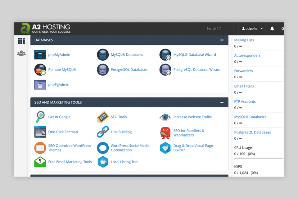 a2 hosting website hosting for photographers interface