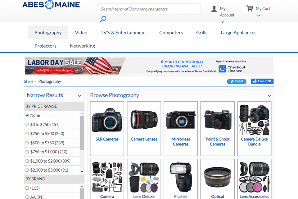 abes of maine online camera store interface