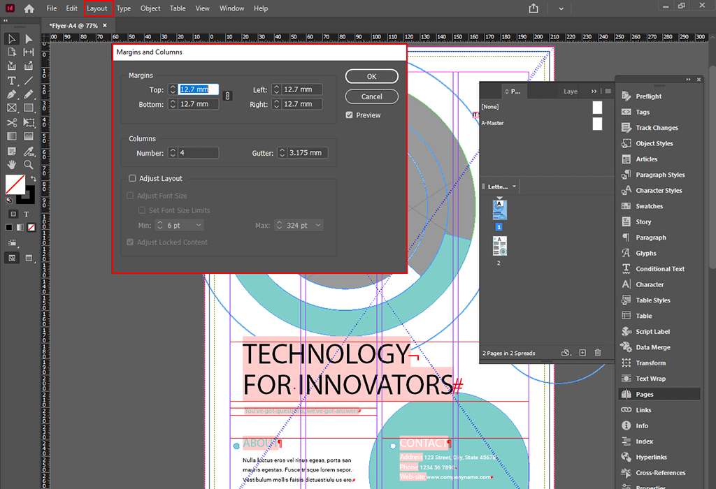 إضافة أعمدة في تصميم هوامش وأعمدة الصفحة الرئيسية