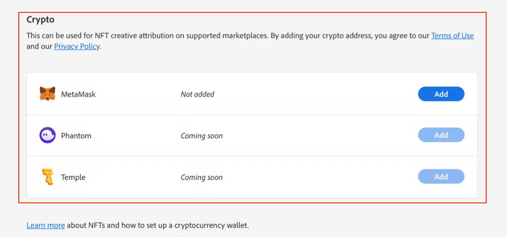 add cripto to use content credentials in ps for nfts