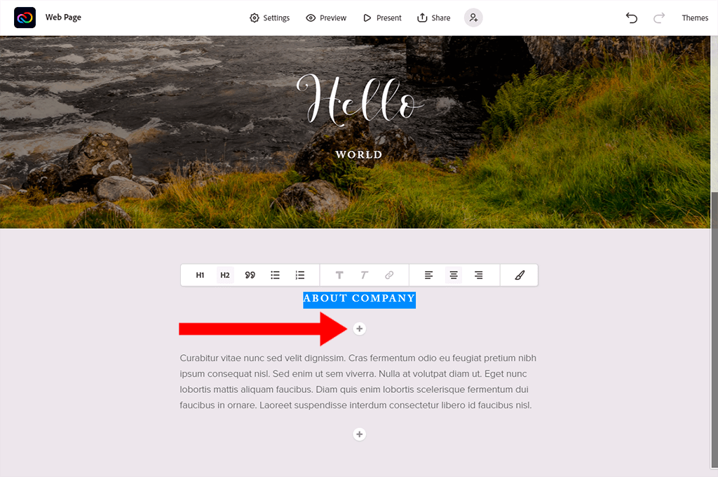 add text to create web pages in adobe creative cloud express