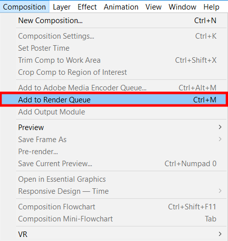 add the composition to export in after effects