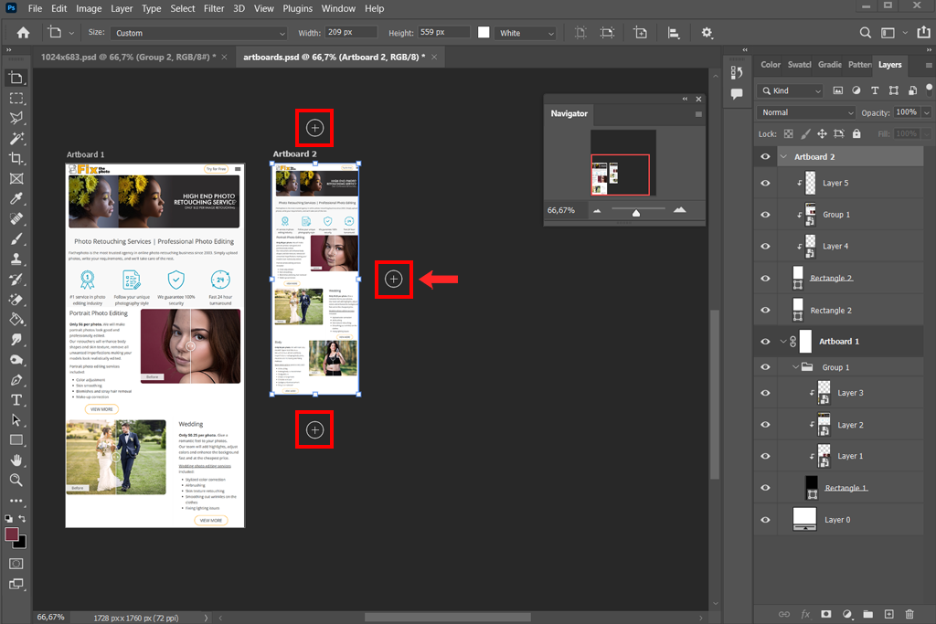 adding artboards with the plus symbols in photoshop