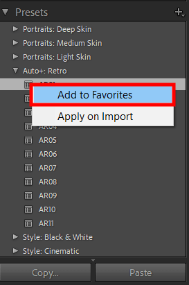 adding presets to favorites in lightroom