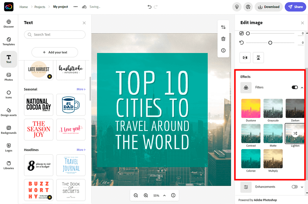 adjust the layout to create instagram post in adobe cc express
