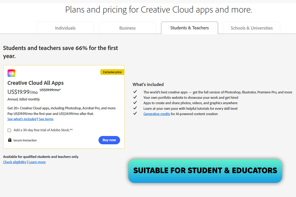 adobe illustrator creative cloud plan for students teachers