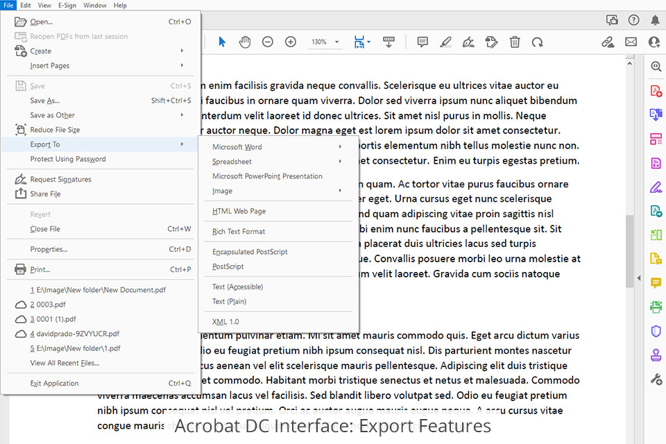 adobe acrobat dc interface export features