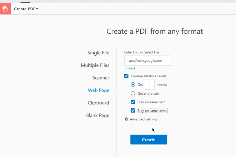 adobe acrobat pro to convert pdf to url interface