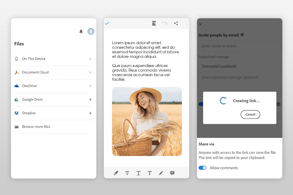 تطبيق قارئ adobe acrobat لمشاركة واجهة الملفات الكبيرة