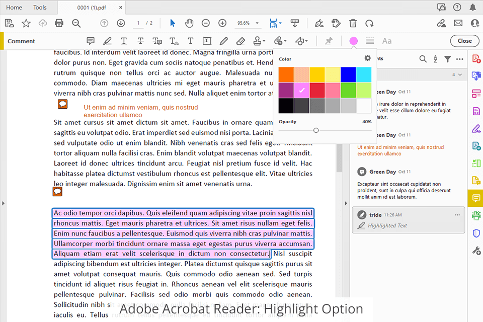adobe acrobat reader highlight option