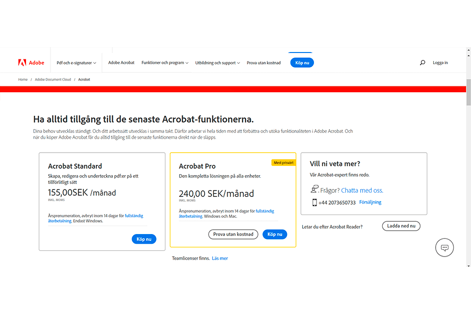 adobe acrobat standard vs pro priser