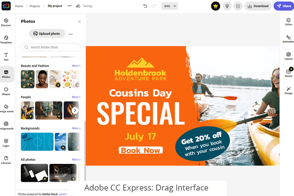adobe creative cloud express واجهة السحب