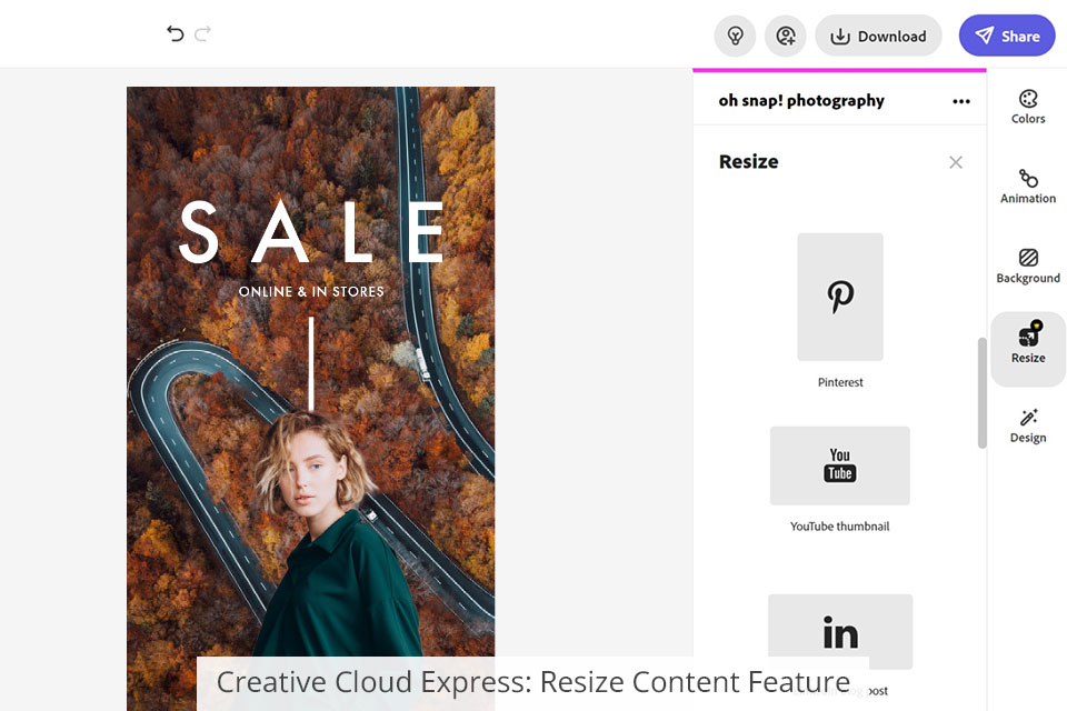 adobe creative cloud express ميزة تغيير حجم المحتوى