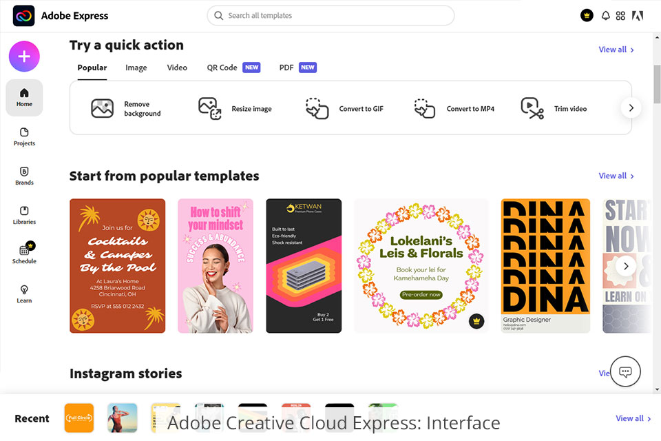 adobe creative cloud express الواجهة