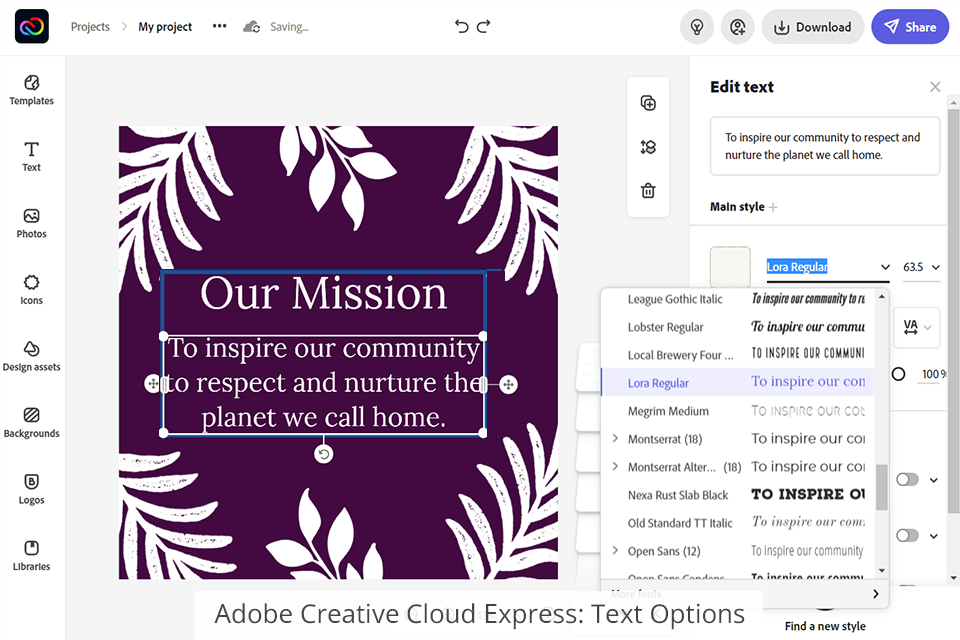 خيارات النص في Adobe Express