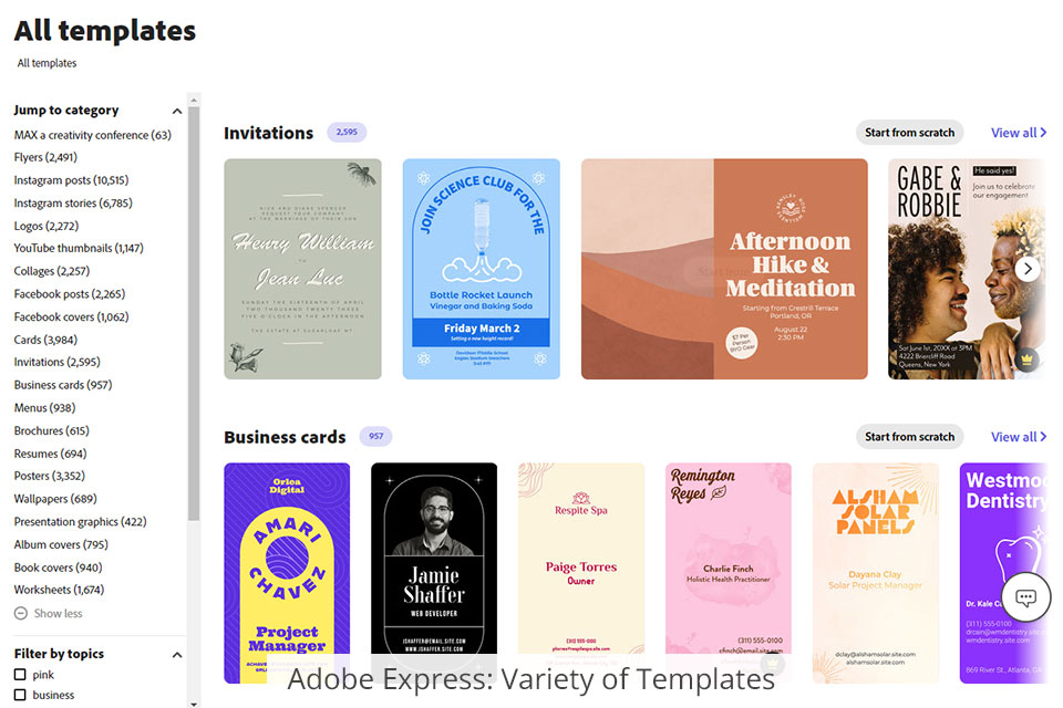 adobe creative cloud express variety of templates