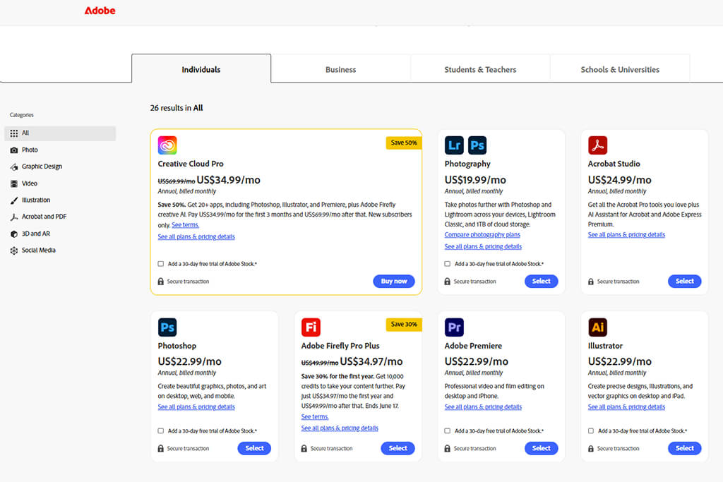 adobe creative cloud plans and pricing comparison
