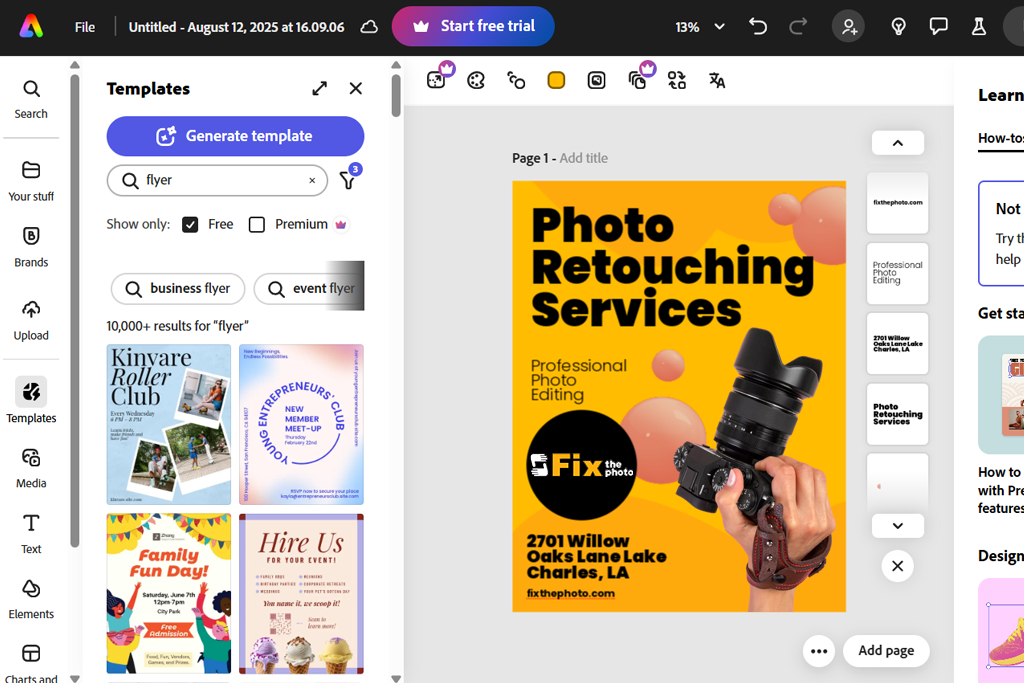 adobe express flyer design example interface