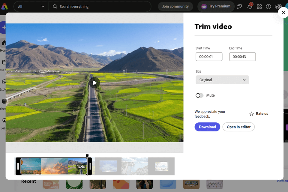 adobe express interfaccia di taglio video